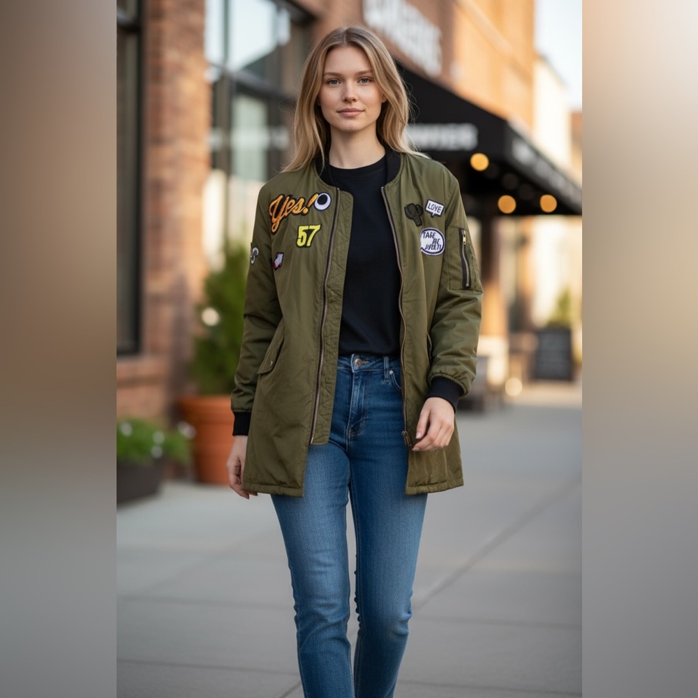 Women’s Streetwear Zipper Long Aviator Coat Windproof Jacket Funky Retro Patches